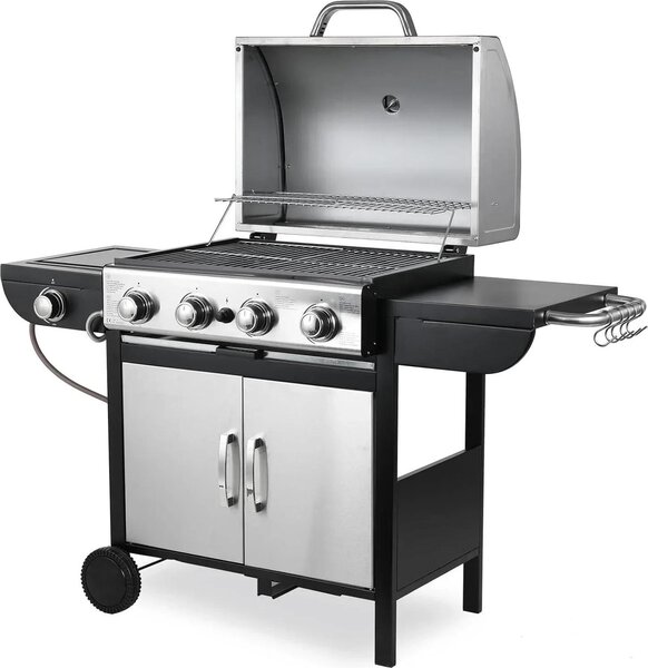 Barbecue a gas - carrello per barbecue - 4+1 bruciatori con bruciatore laterale - gas naturale - acciaio inox - smaltato in porcellana - accensione a impulsi