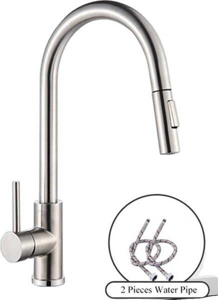 Rubinetto da cucina, funzione spray estraibile, design a montaggio a parete, nichel spazzolato