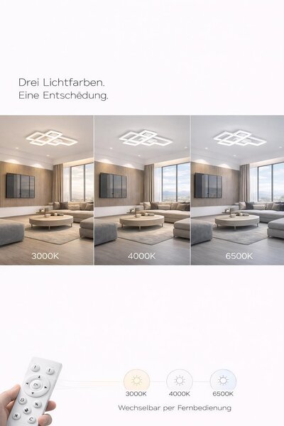 Braytron: moderna lampada da soffitto a LED di design, dimmerabile, 3CCT 3000–6500K, con telecomando, 65W, rettangolare, bianca