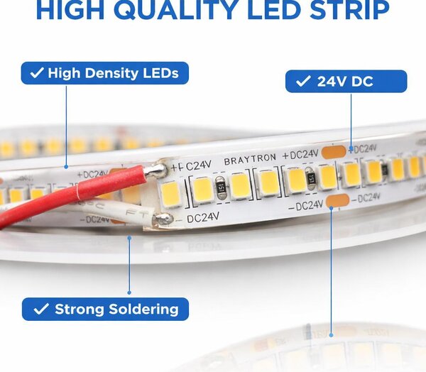 Striscia LED Braytron, rotolo da 10 metri, 24 V – Estremamente luminosa, 20 W/m – 240 LED/m – 2600 lm/m – CRI 80 – 26.000 lumen – Autoadesiva 3M – Striscia LED IP20 – 3000 K