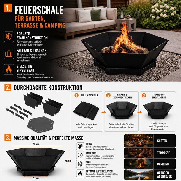 Braciere QLS 75x75 cm XXL - Braciere da esterno pieghevole in acciaio per giardino 11487