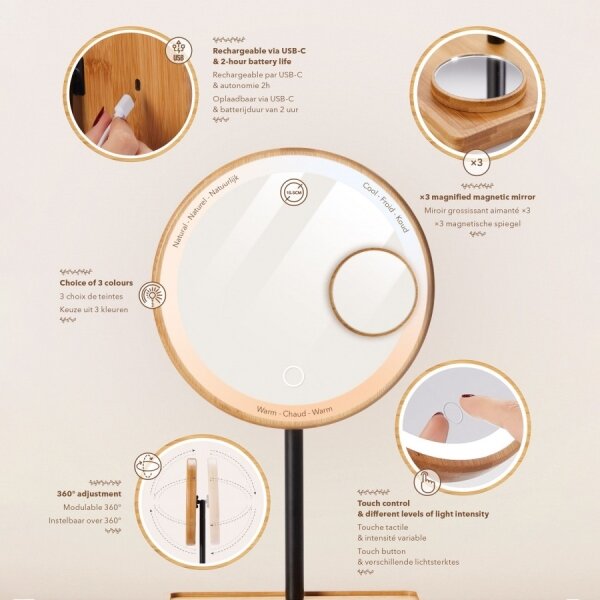 Lanaform - Specchio cosmetico dimmerabile con retroilluminazione LED 5V USB in bambù