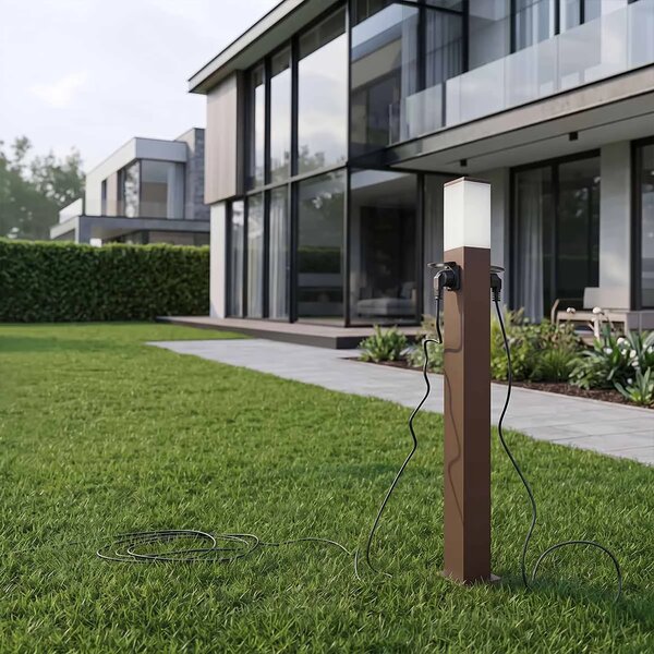 Paletto da giardino E27 1m con Doppia Presa di Corrente in Acciaio - Corten
