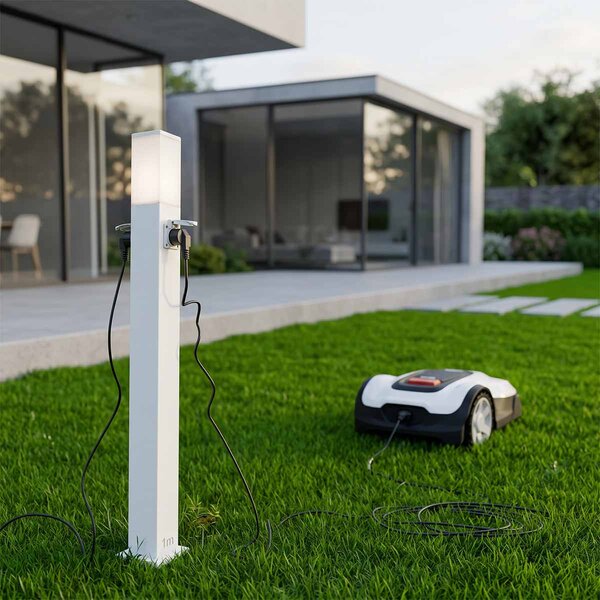 Paletto da giardino E27 1m con Doppia Presa di Corrente in Acciaio - Bianco