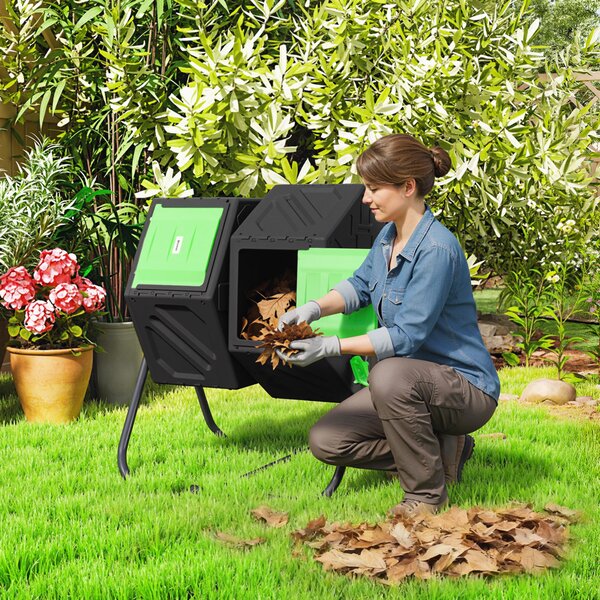 Outsunny Compostiera da Giardino Rotante 130L a Doppia Camera, Girevole, 24 Prese d'Aria, in PP, Verde | Aosom Italy