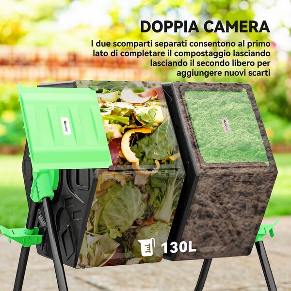 Outsunny Compostiera da Giardino Rotante 130L a Doppia Camera, Girevole, 24 Prese d'Aria, in PP, Verde | Aosom Italy