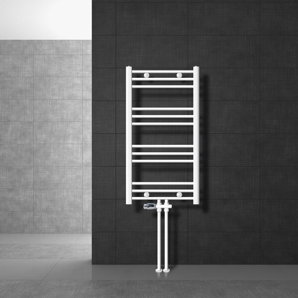 LuxeBath Radiatore da bagno attacco centrale 500 x 800 mm Bianco diritto con termostato e set di collegamento attraverso il pavimento Bianco - Radiatore, senza elemento riscaldante