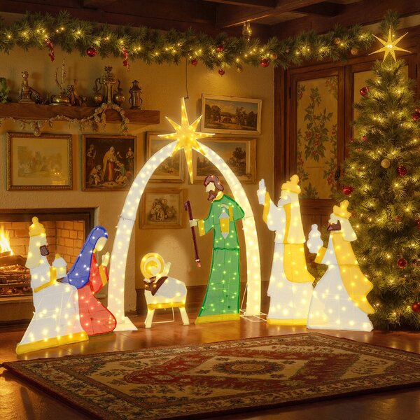 Costway Sacra famiglia e tre re magi preilluminati 5 piedi con 310 luci LED bianco caldo, Set presepe illuminato 7 pezzi