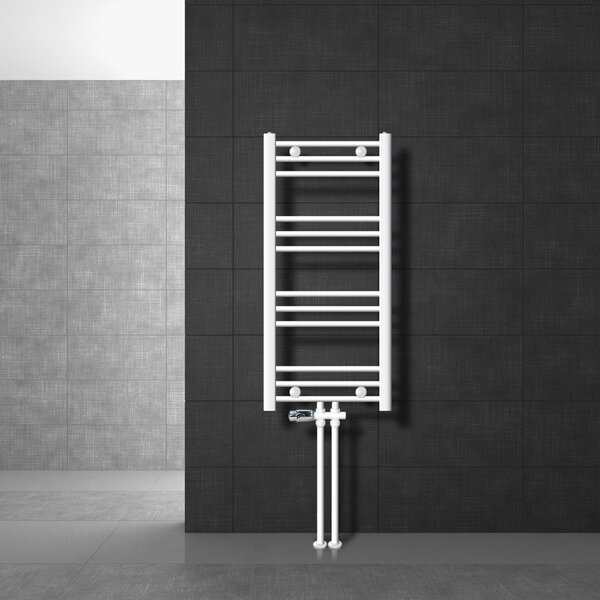 LuxeBath Radiatore da bagno Attacco centrale 400 x 800 mm Bianco diritto con set di collegamento incl. termostato Pavimento di passaggio Bianco Radiatore , senza elemento riscaldante