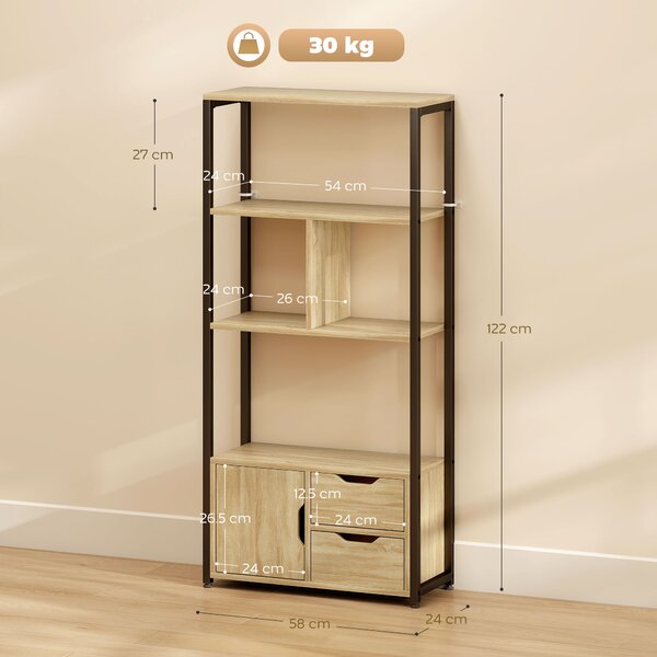 HOMCOM Libreria Stile Industriale con 3 Ripiani, Armadietto con Anta e 2 Cassetti, Effetto Legno Naturale, 58x24x122 cm, Nero | Aosom Italy