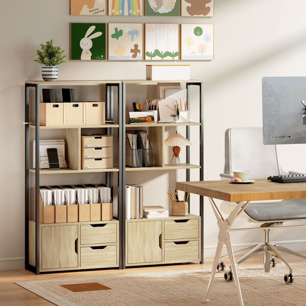 HOMCOM Libreria Stile Industriale con 3 Ripiani, Armadietto con Anta e 2 Cassetti, Effetto Legno Naturale, 58x24x122 cm, Nero | Aosom Italy