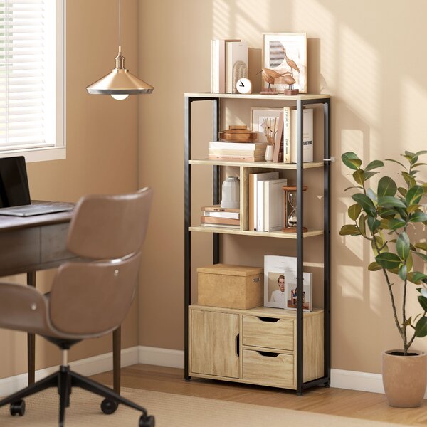 HOMCOM Libreria Stile Industriale con 3 Ripiani, Armadietto con Anta e 2 Cassetti, Effetto Legno Naturale, 58x24x122 cm, Nero | Aosom Italy