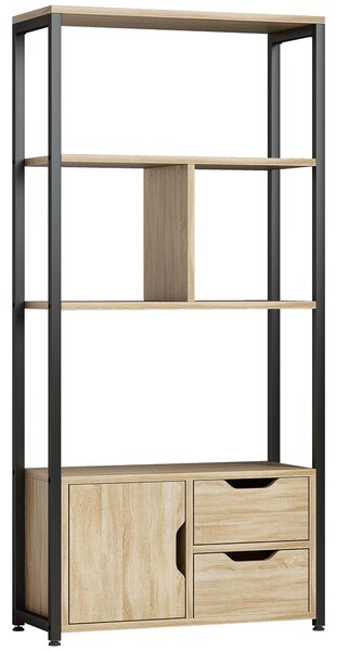 HOMCOM Libreria Stile Industriale con 3 Ripiani, Armadietto con Anta e 2 Cassetti, Effetto Legno Naturale, 58x24x122 cm, Nero | Aosom Italy