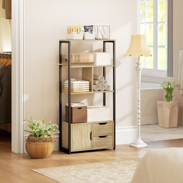 HOMCOM Libreria Stile Industriale con 3 Ripiani, Armadietto con Anta e 2 Cassetti, Effetto Legno Naturale, 58x24x122 cm, Nero | Aosom Italy