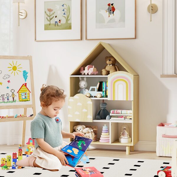 Costway Libretto scaffale per bambini a forma di casa, Libreria per bambini libreria a forma di casa con 2 ante Naturale
