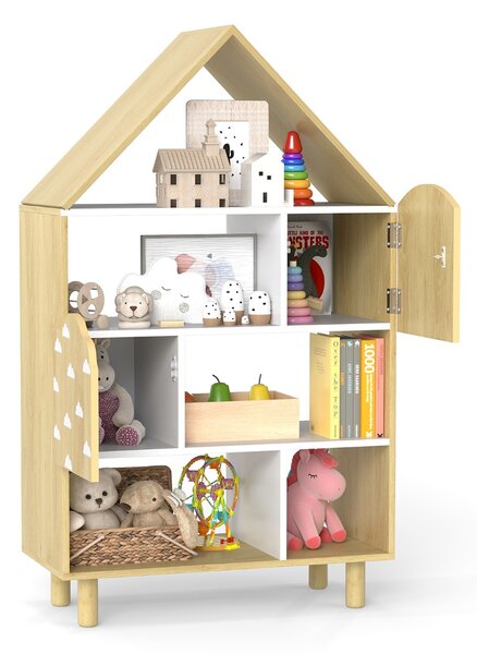 Costway Libretto scaffale per bambini a forma di casa, Libreria per bambini libreria a forma di casa con 2 ante Naturale