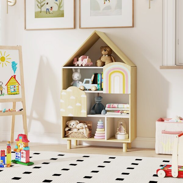 Costway Libretto scaffale per bambini a forma di casa, Libreria per bambini libreria a forma di casa con 2 ante Naturale