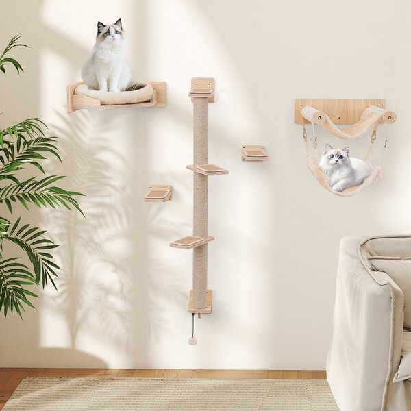 Costway Arrampicatore in legno per gatti da interno pali tiragraffi in juta cuscini di peluche, Set di mobili da arrampicata di 5 pezzi Naturale