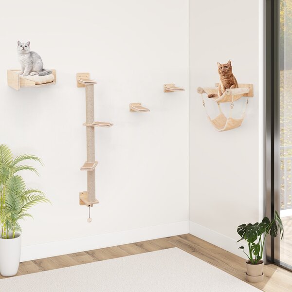 Costway Arrampicatore in legno per gatti da interno pali tiragraffi in juta cuscini di peluche, Set di mobili da arrampicata di 5 pezzi Naturale