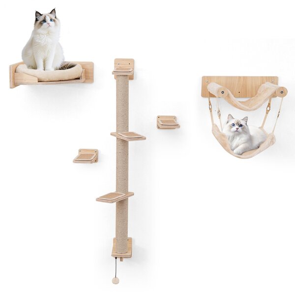 Costway Arrampicatore in legno per gatti da interno pali tiragraffi in juta cuscini di peluche, Set di mobili da arrampicata di 5 pezzi Naturale