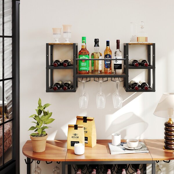 Costway Portabottiglie da parete con porta bicchieri da muro a 3 livelli per sala da pranzo, Struttura in metallo per 8 bottiglie Marrone rustico