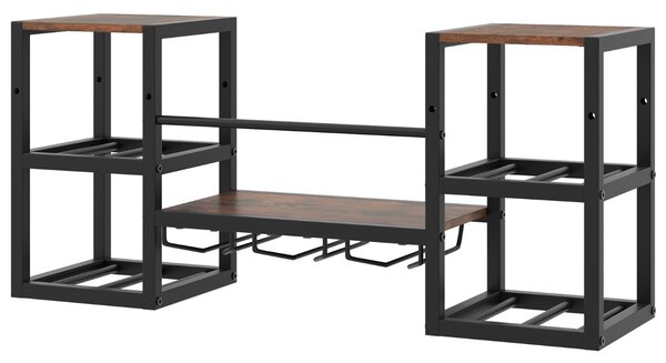 Costway Portabottiglie da parete con porta bicchieri da muro a 3 livelli per sala da pranzo, Struttura in metallo per 8 bottiglie Marrone rustico
