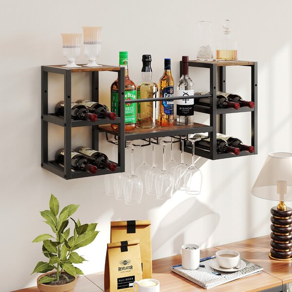 Costway Portabottiglie da parete con porta bicchieri da muro a 3 livelli per sala da pranzo, Struttura in metallo per 8 bottiglie Marrone rustico
