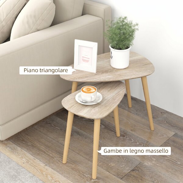 HOMCOM Set 2 Tavolini da Salotto Impilabili Stile Nordico con Gambe in Legno, Color Legno | Aosom Italy