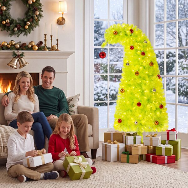 Costway Albero di natale artificiale con luci led cima flessibile e base metallica per casa e ufficio, Albero di natale realistico con rami palline natalizie 150 cm