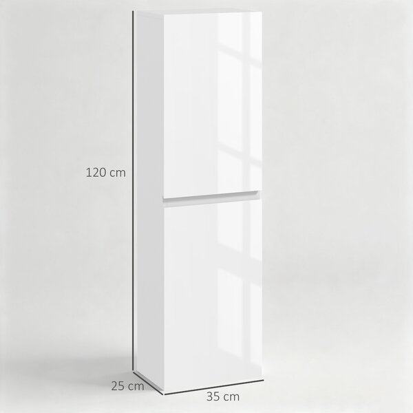 Kleankin Mobile Bagno Alto a Colonna con Ante, 2 Armadietti, Mobiletto Bagno Salvaspazio con Ripiani Regolabili per Sala da Pranzo Salotto Soggiorno, 35 x 25 x 120 cm, Bianco Lucido | Aosom Italy