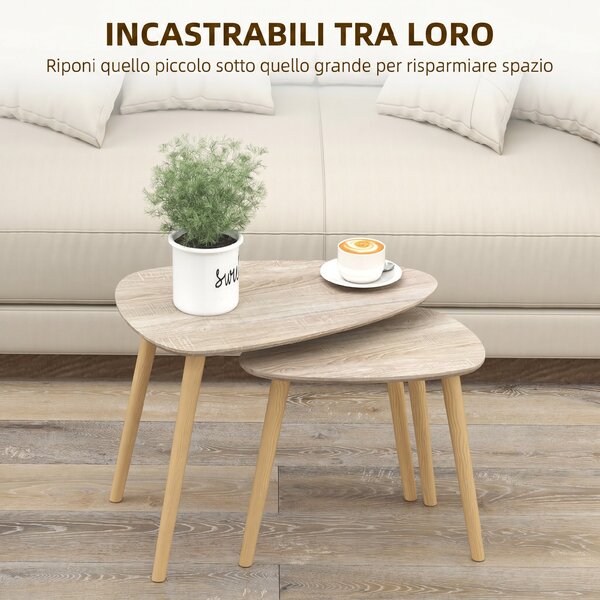 HOMCOM Set 2 Tavolini da Salotto Impilabili Stile Nordico con Gambe in Legno, Color Legno | Aosom Italy