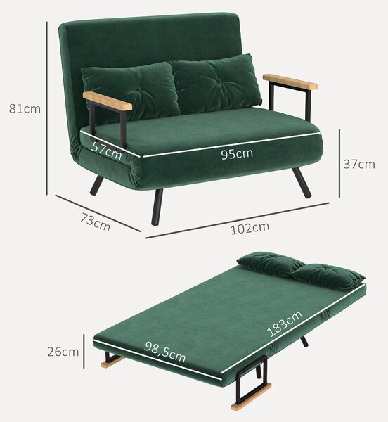 HOMCOM Divano Letto 3 in 1 in Tessuto Effetto Velluto con Schienale Regolabile e 2 Cuscini, 102x73x81 cm, Verde