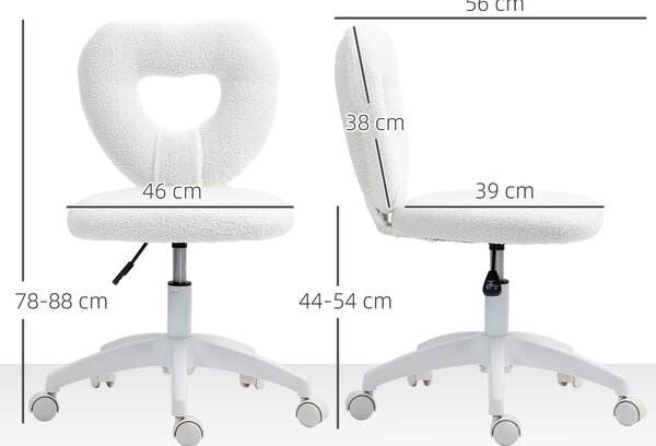 HOMCOM Sedia da Ufficio Imbottita con Schienale a Cuore e Rotelle, in Velluto Teddy e Plastica, 45x56x78-88 cm, Bianco