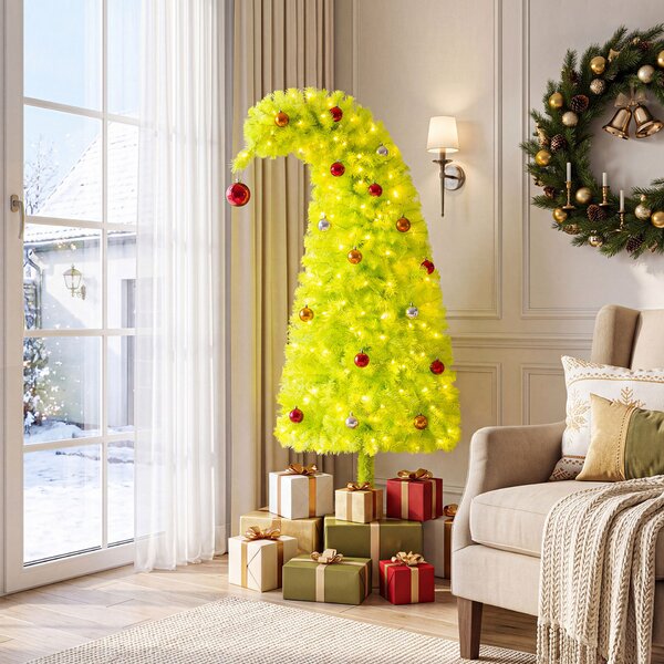 Costway Albero di natale artificiale con luci led cima flessibile e base metallica per casa e ufficio, Albero di natale realistico con rami palline natalizie 150 cm