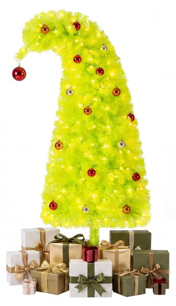 Costway Albero di natale artificiale con luci led cima flessibile e base metallica per casa e ufficio, Albero di natale realistico con rami palline natalizie 150 cm