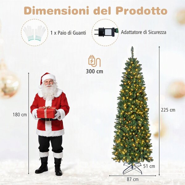 Costway Albero di natale slim con luci led regolabili per casa ufficio e negozi, Albero di natale artificiale con rami funzione timer telecomando 225 cm