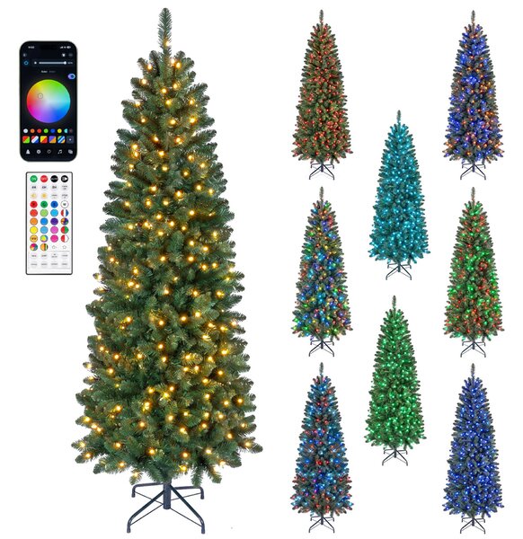 Costway Albero di natale slim con luci led regolabili per casa ufficio e negozi, Albero di natale artificiale con rami funzione timer telecomando 180 cm