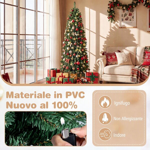 Costway Albero di natale slim con luci led regolabili per casa ufficio e negozi, Albero di natale artificiale con rami funzione timer telecomando 180 cm