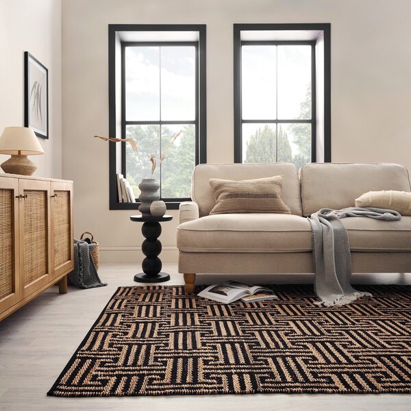 Tappeto nero/di colore naturale in misto iuta tessuto a mano 200x290 cm Meander Jute – Flair Rugs