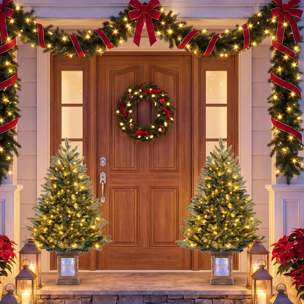 Costway Set di 2 alberi di natale in vaso da 120 cm e ghirlanda da 274 cm, Decorazioni natalizie preilluminate con 300 luci led 798 rami fitti