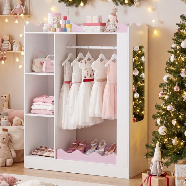 Costway Armadio per bambini 3+ anni guardaroba con specchi in acrilico infrangibili asta appendiabiti, Organizzatore per vestiti e giocattoli