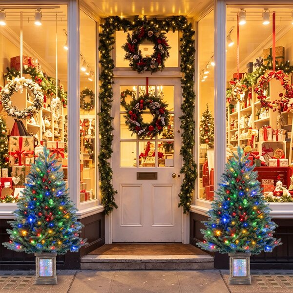 Costway Set di 2 alberi di natale in vaso da 120 cm e ghirlanda da 274 cm, Decorazioni natalizie preilluminate con 300 luci led 798 rami fitti