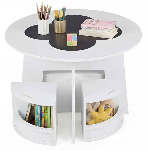 Costway Set tavolo e sedie per bambini 5 pezzi con ripiano di stoccaggio, Tavolo rotondo per gioco e attività Bianco