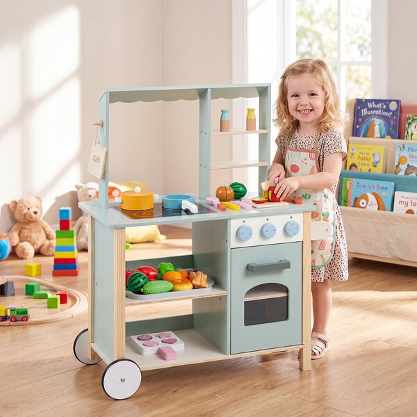 Costway Cucina realistica per bambini 3+ anni con piano cottura forno lavagna 4 ripiani, Set cucina giocattolo per interno ed esterno