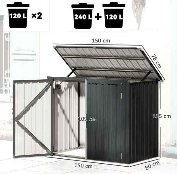 Outsunny Casetta da Esterno con 2 Porte Bloccabili e Tetto Apribile, Capanno da Giardino Copri Bidoni in Acciaio, 150x80x117/115 cm, Grigio | Aosom Italy
