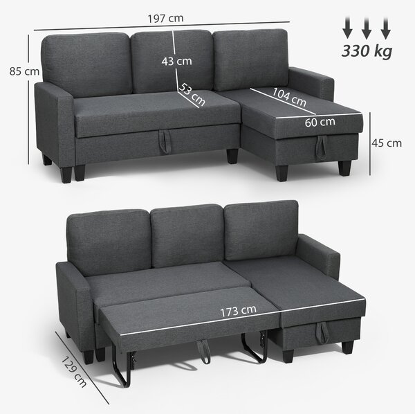 HOMCOM Divano Letto 3 Posti con Chaise e Spazio Contenitore, in Tessuto Effetto Lino, 197x129x85 cm, Grigio Carbone | Aosom Italy