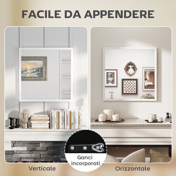 HOMCOM Specchio da Parete Rettangolare con Ganci, Specchio a Muro in Vetro e MDF, 50x50 cm, Bianco | Aosom Italy