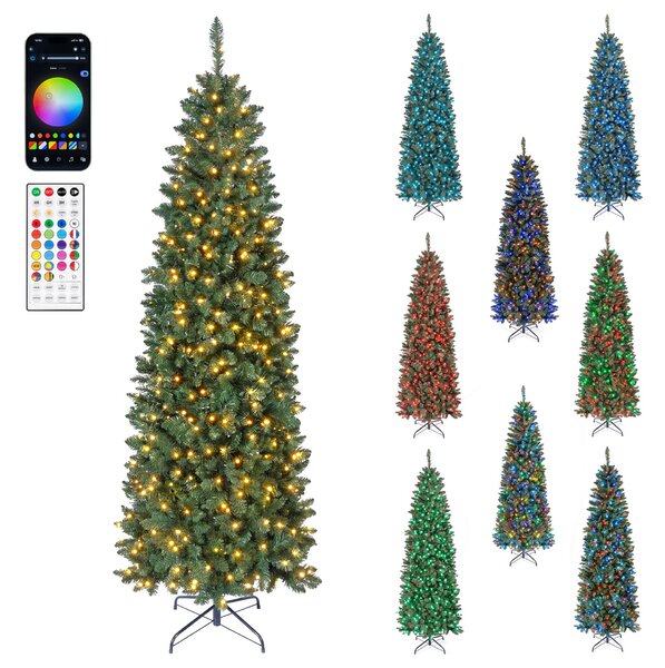 Costway Albero di natale slim con luci led regolabili per casa ufficio e negozi, Albero di natale artificiale con rami funzione timer telecomando 225 cm