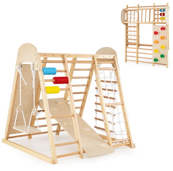 Costway 8 in 1 castello parco giochi pieghevole da interno con altalena scala, Giocattoli montessori da arrampicata per bambini Naturale