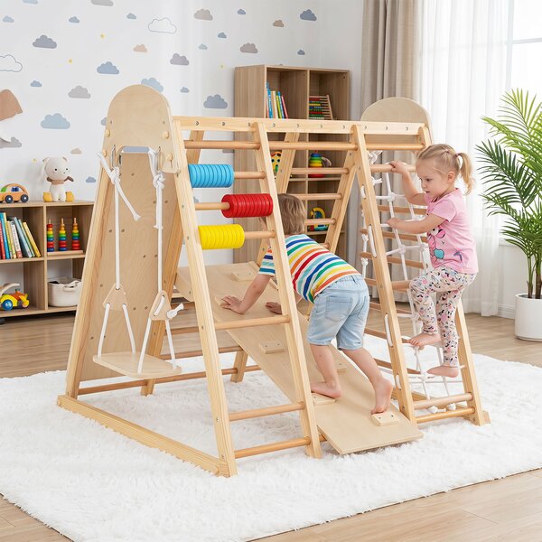 Costway 8 in 1 castello parco giochi pieghevole da interno con altalena scala, Giocattoli montessori da arrampicata per bambini Naturale